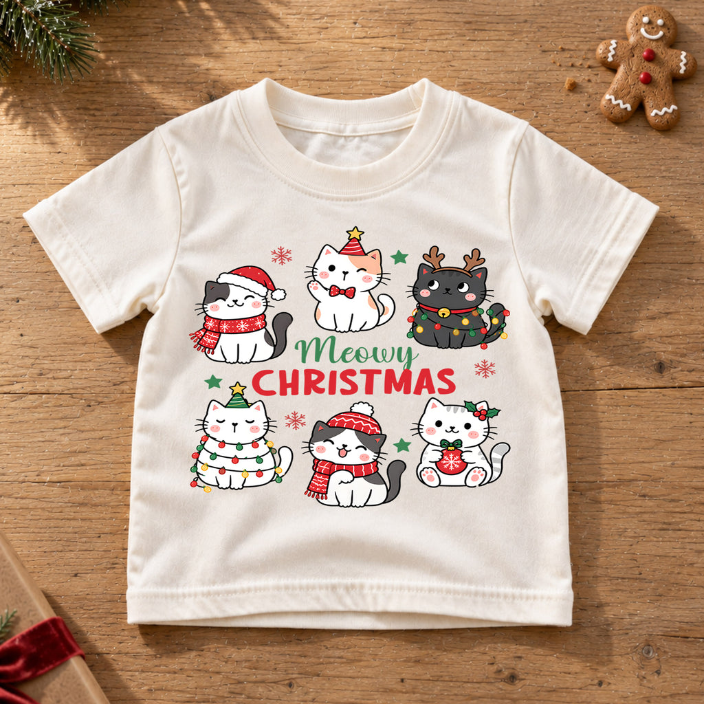 Meowy Christmas Kids Shirt, Cute Christmas Cat Tee, Holiday Kitty Shirt for Cat Lover Kids, Funny Festive Christmas Outfit and Gift — product view 6