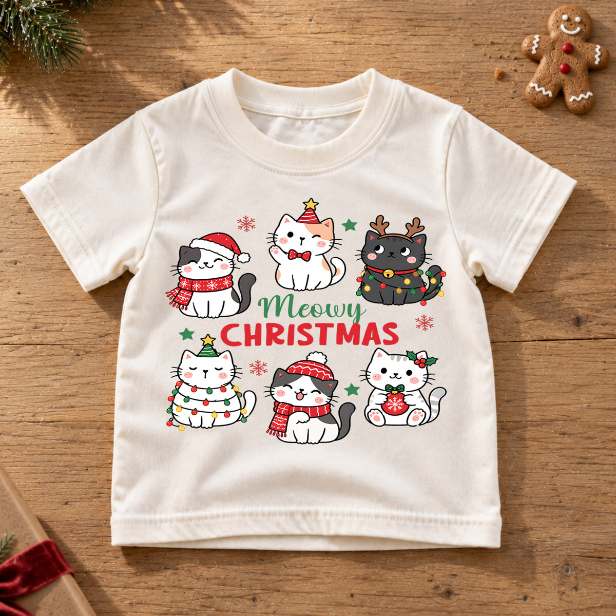 Meowy Christmas Kids Shirt, Cute Christmas Cat Tee, Holiday Kitty Shirt for Cat Lover Kids, Funny Festive Christmas Outfit and Gift — product view 6