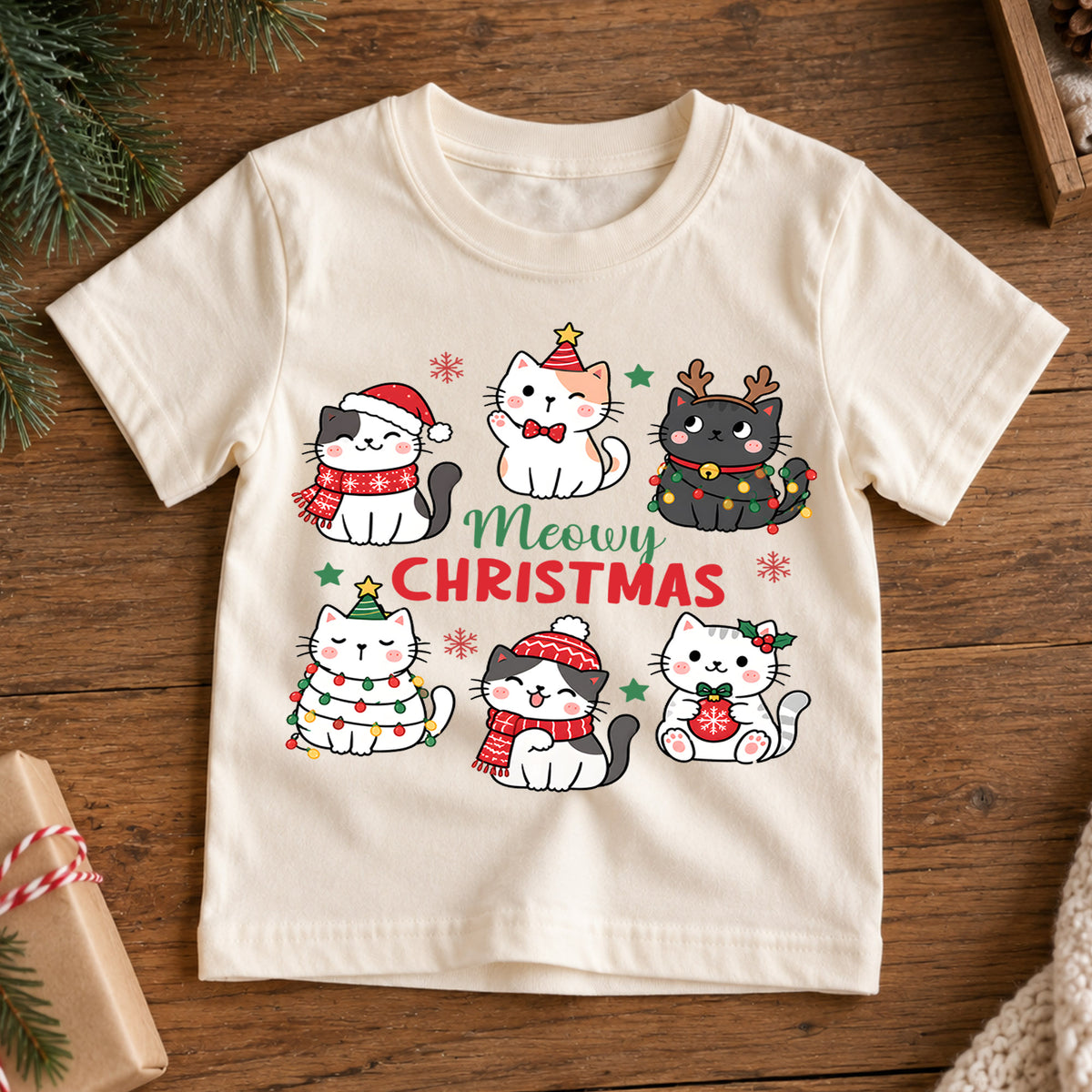 Meowy Christmas Kids Shirt, Cute Christmas Cat Tee, Holiday Kitty Shirt for Cat Lover Kids, Funny Festive Christmas Outfit and Gift — product view 7