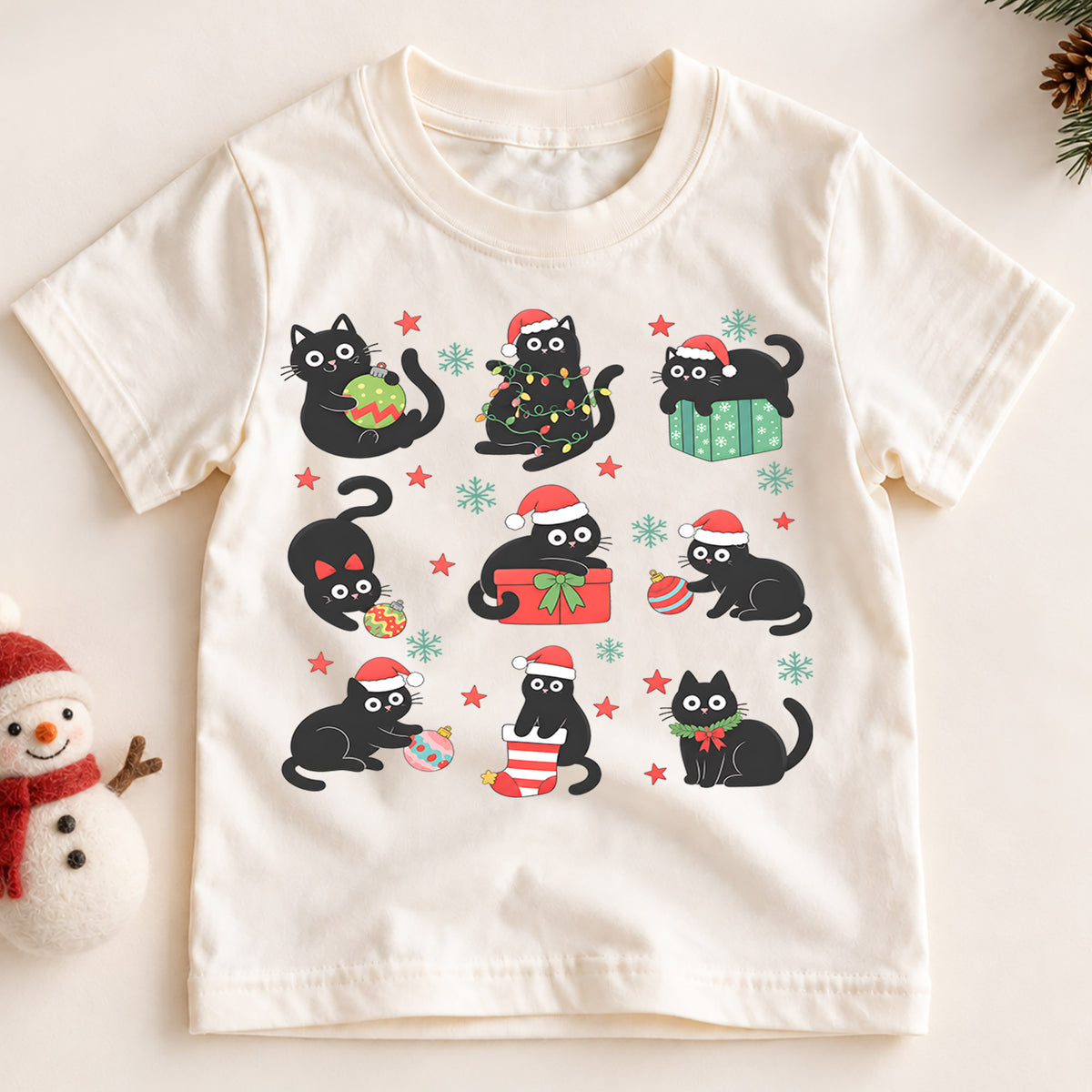 Black Cat Christmas Kids Shirt, Funny Holiday Cat Tee, Cute Christmas Kitty Shirt for Cat Lovers, Festive Christmas Outfit and Gift for Kids — product view 2