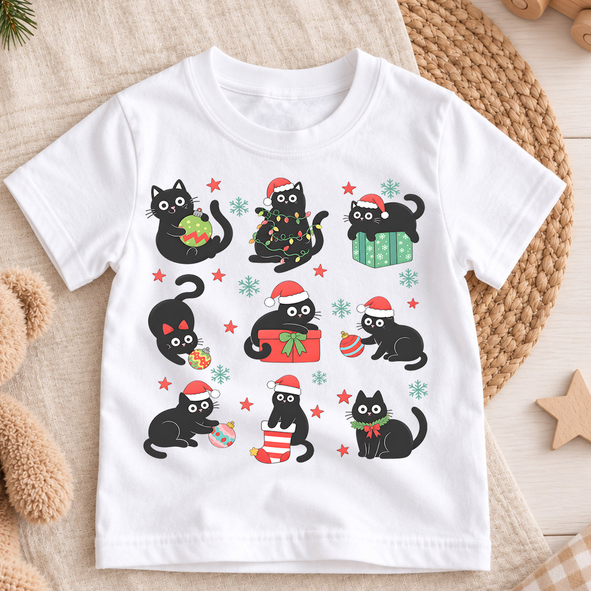Black Cat Christmas Kids Shirt, Funny Holiday Cat Tee, Cute Christmas Kitty Shirt for Cat Lovers, Festive Christmas Outfit and Gift for Kids — product view 3