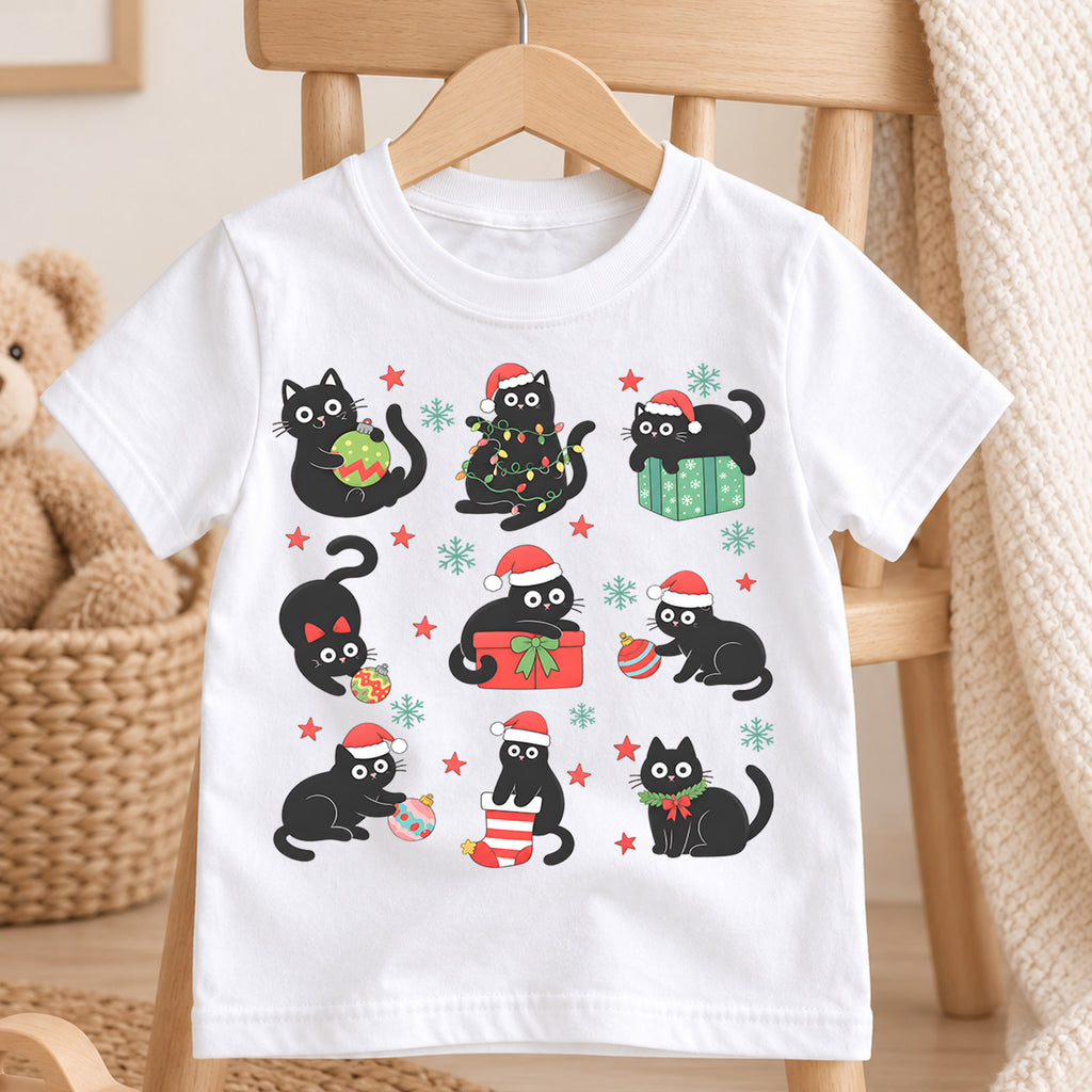 Black Cat Christmas Kids Shirt, Funny Holiday Cat Tee, Cute Christmas Kitty Shirt for Cat Lovers, Festive Christmas Outfit and Gift for Kids — product view 4