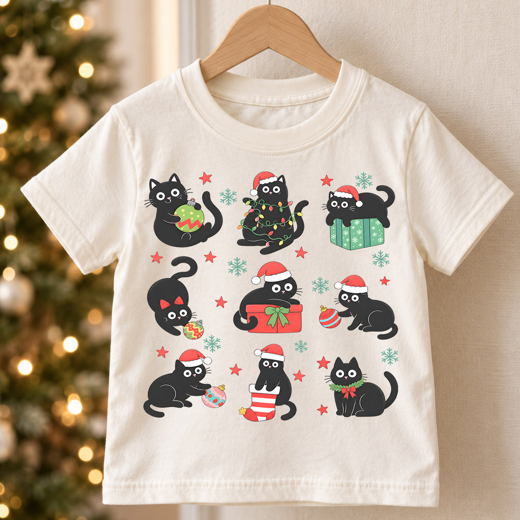 Black Cat Christmas Kids Shirt, Funny Holiday Cat Tee, Cute Christmas Kitty Shirt for Cat Lovers, Festive Christmas Outfit and Gift for Kids — product view 5