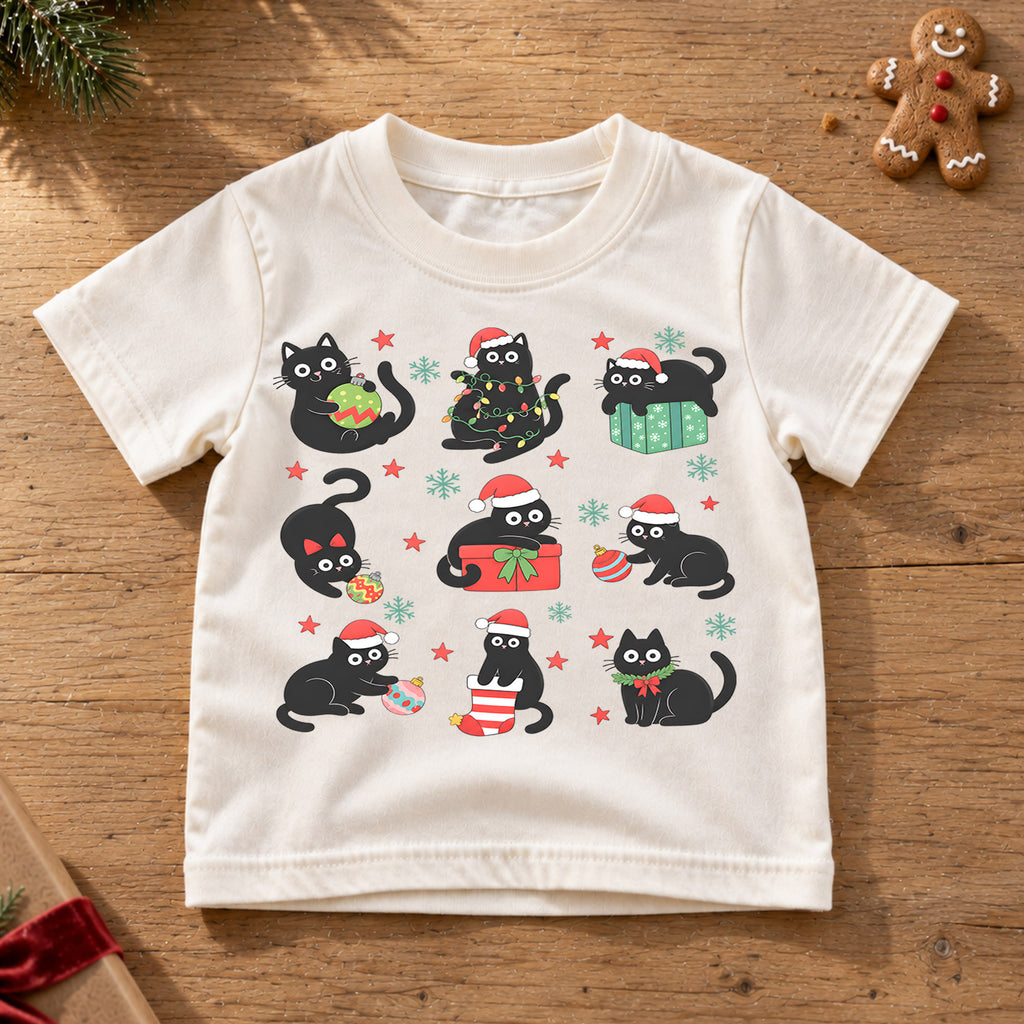 Black Cat Christmas Kids Shirt, Funny Holiday Cat Tee, Cute Christmas Kitty Shirt for Cat Lovers, Festive Christmas Outfit and Gift for Kids — product view 6