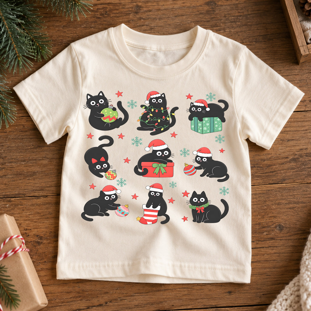 Black Cat Christmas Kids Shirt, Funny Holiday Cat Tee, Cute Christmas Kitty Shirt for Cat Lovers, Festive Christmas Outfit and Gift for Kids — product view 7