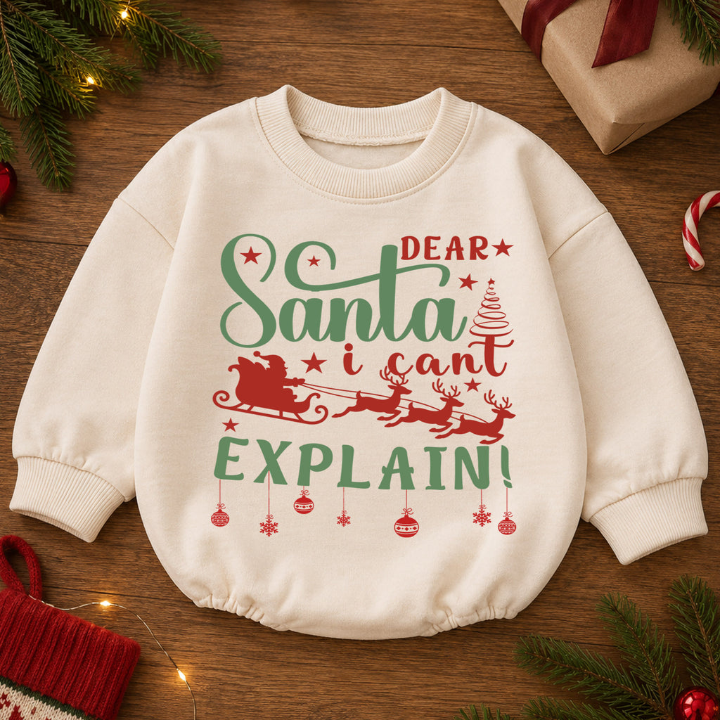 Dear Santa I Can't Explain Christmas Baby Romper, Funny Santa Sleigh Holiday Outfit, Toddler Xmas Romper, Cute 1st Christmas Gift — product view 2