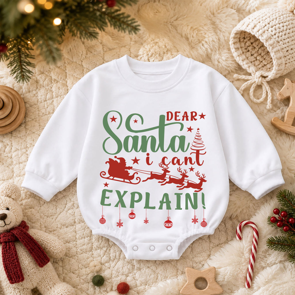 Dear Santa I Can't Explain Christmas Baby Romper, Funny Santa Sleigh Holiday Outfit, Toddler Xmas Romper, Cute 1st Christmas Gift — product view 3