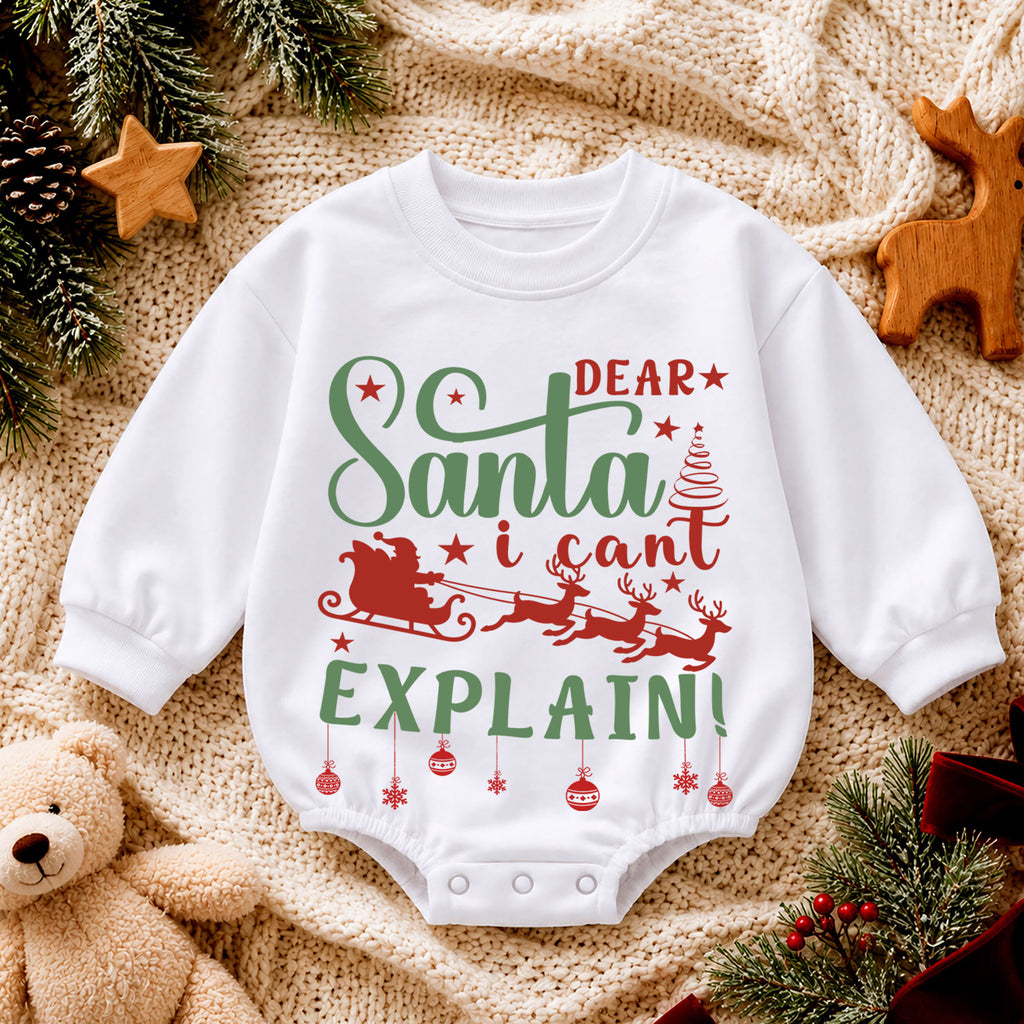Dear Santa I Can't Explain Christmas Baby Romper, Funny Santa Sleigh Holiday Outfit, Toddler Xmas Romper, Cute 1st Christmas Gift — product view 4