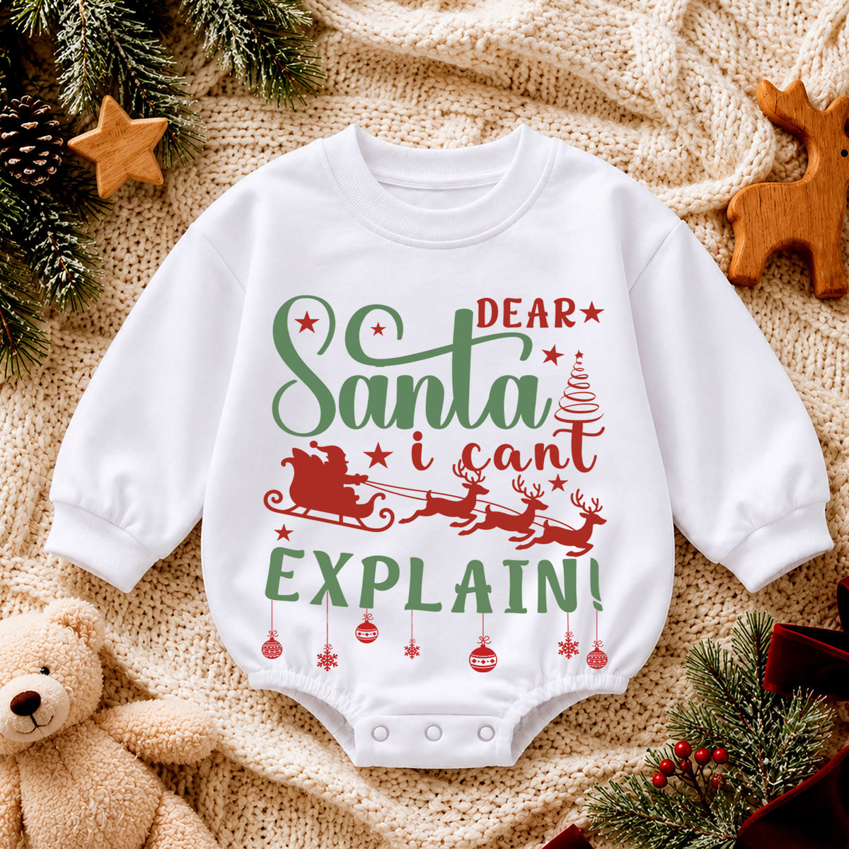 Dear Santa I Can't Explain Christmas Baby Romper, Funny Santa Sleigh Holiday Outfit, Toddler Xmas Romper, Cute 1st Christmas Gift — product view 4