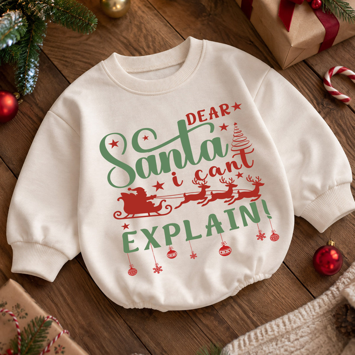 Dear Santa I Can't Explain Christmas Baby Romper, Funny Santa Sleigh Holiday Outfit, Toddler Xmas Romper, Cute 1st Christmas Gift — product view 5