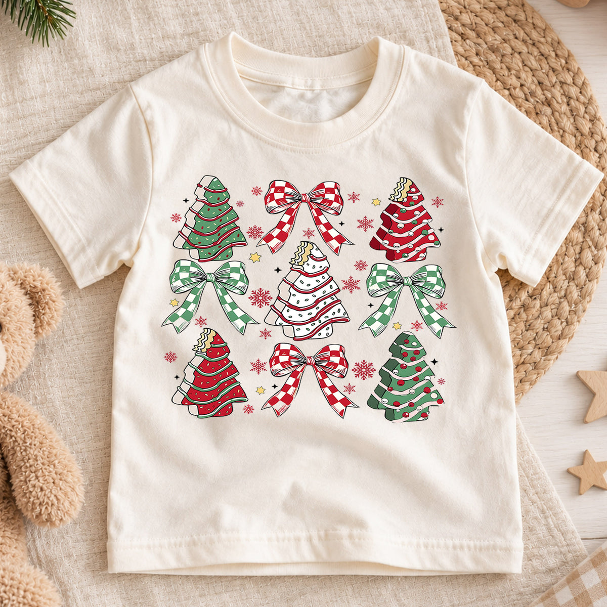 Christmas Tree Cake Kids Shirt, Plaid Bow Holiday Tee, Sweet Christmas Treat Shirt for Kids, Cute Festive Holiday Outfit and Christmas Gift — product view 1