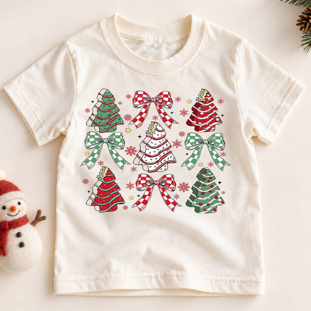 Christmas Tree Cake Kids Shirt, Plaid Bow Holiday Tee, Sweet Christmas Treat Shirt for Kids, Cute Festive Holiday Outfit and Christmas Gift — product view 2