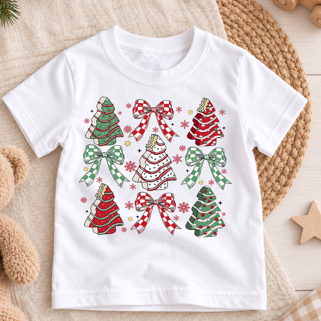 Christmas Tree Cake Kids Shirt, Plaid Bow Holiday Tee, Sweet Christmas Treat Shirt for Kids, Cute Festive Holiday Outfit and Christmas Gift — product view 3