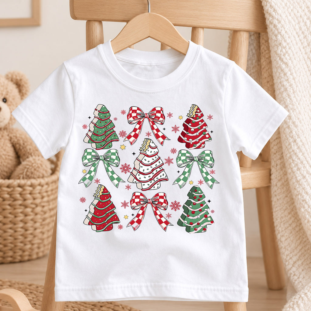 Christmas Tree Cake Kids Shirt, Plaid Bow Holiday Tee, Sweet Christmas Treat Shirt for Kids, Cute Festive Holiday Outfit and Christmas Gift — product view 4