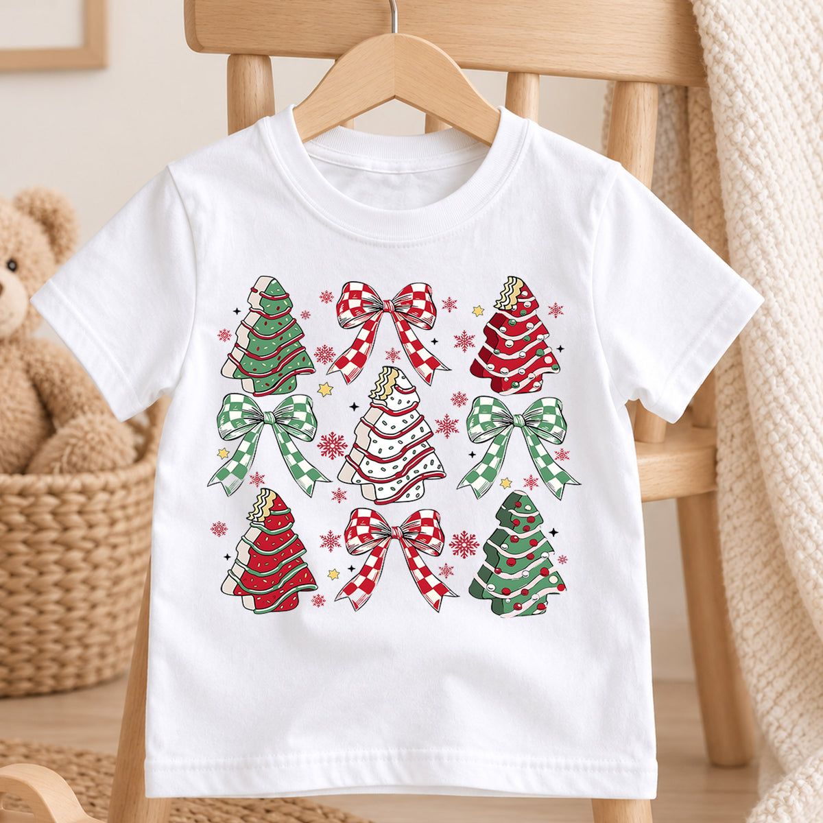 Christmas Tree Cake Kids Shirt, Plaid Bow Holiday Tee, Sweet Christmas Treat Shirt for Kids, Cute Festive Holiday Outfit and Christmas Gift — product view 4