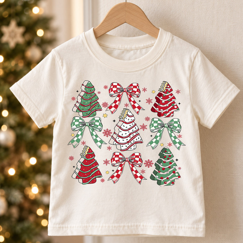 Christmas Tree Cake Kids Shirt, Plaid Bow Holiday Tee, Sweet Christmas Treat Shirt for Kids, Cute Festive Holiday Outfit and Christmas Gift — product view 5