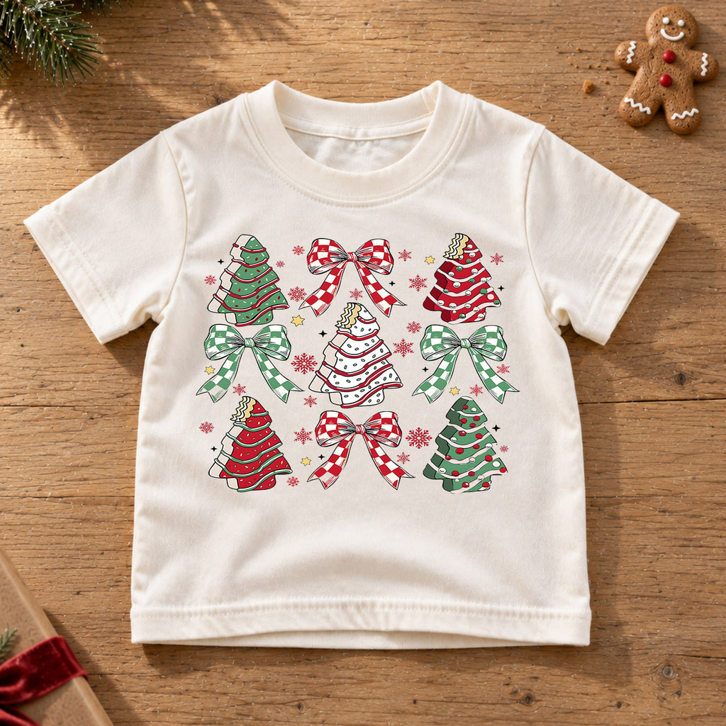 Christmas Tree Cake Kids Shirt, Plaid Bow Holiday Tee, Sweet Christmas Treat Shirt for Kids, Cute Festive Holiday Outfit and Christmas Gift — product view 6