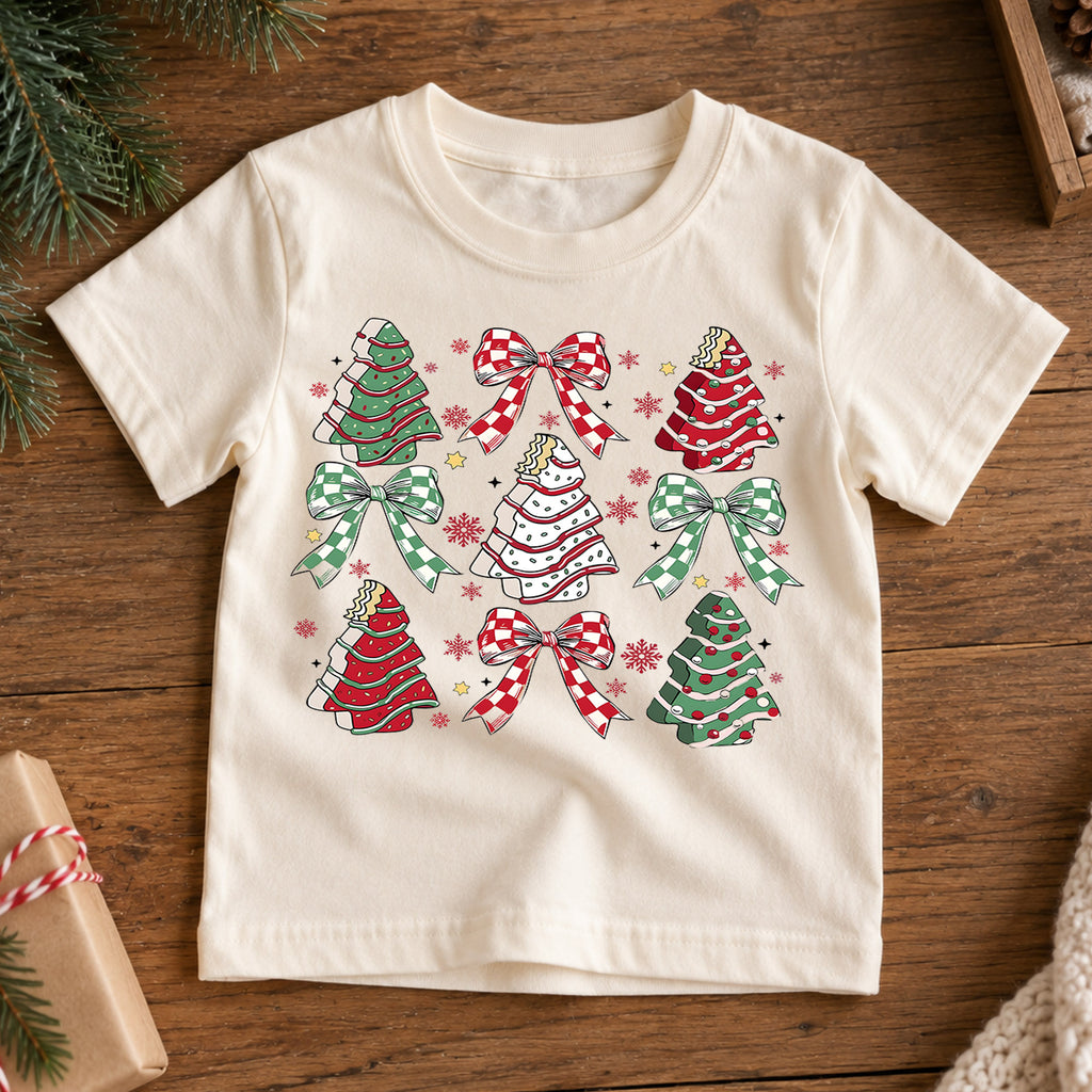 Christmas Tree Cake Kids Shirt, Plaid Bow Holiday Tee, Sweet Christmas Treat Shirt for Kids, Cute Festive Holiday Outfit and Christmas Gift — product view 7