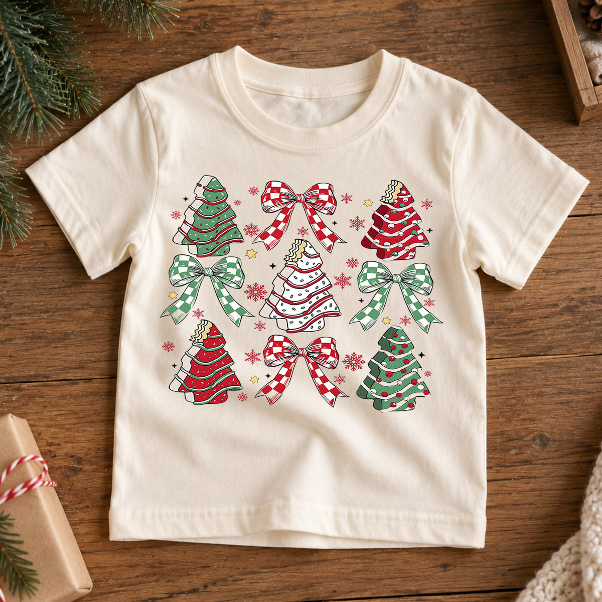 Christmas Tree Cake Kids Shirt, Plaid Bow Holiday Tee, Sweet Christmas Treat Shirt for Kids, Cute Festive Holiday Outfit and Christmas Gift — product view 7