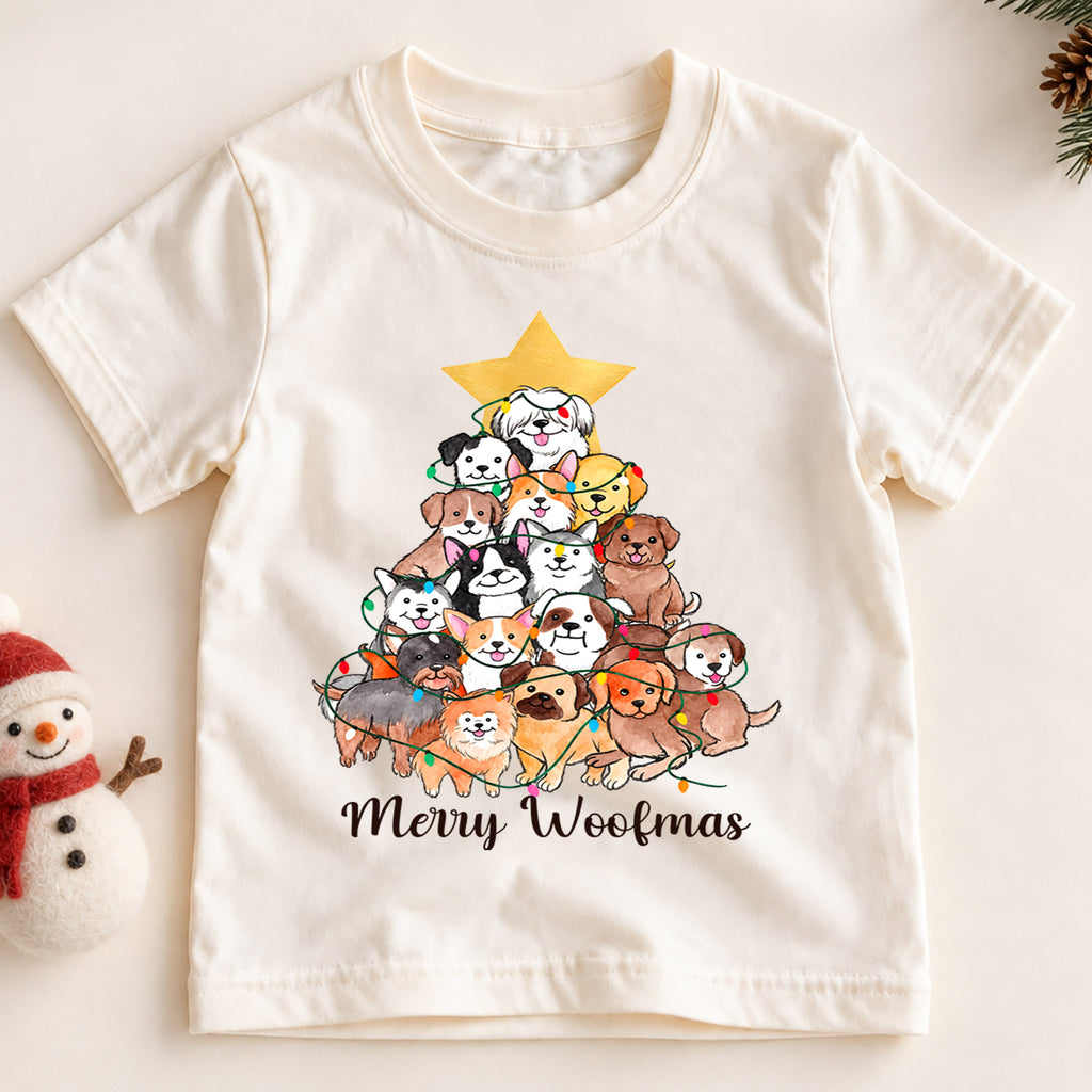 Merry Woofmas Kids Christmas Shirt, Dog Christmas Tree Tee, Cute Puppy Holiday Shirt for Dog Lovers, Festive Christmas Outfit and Gift for Kids — product view 2