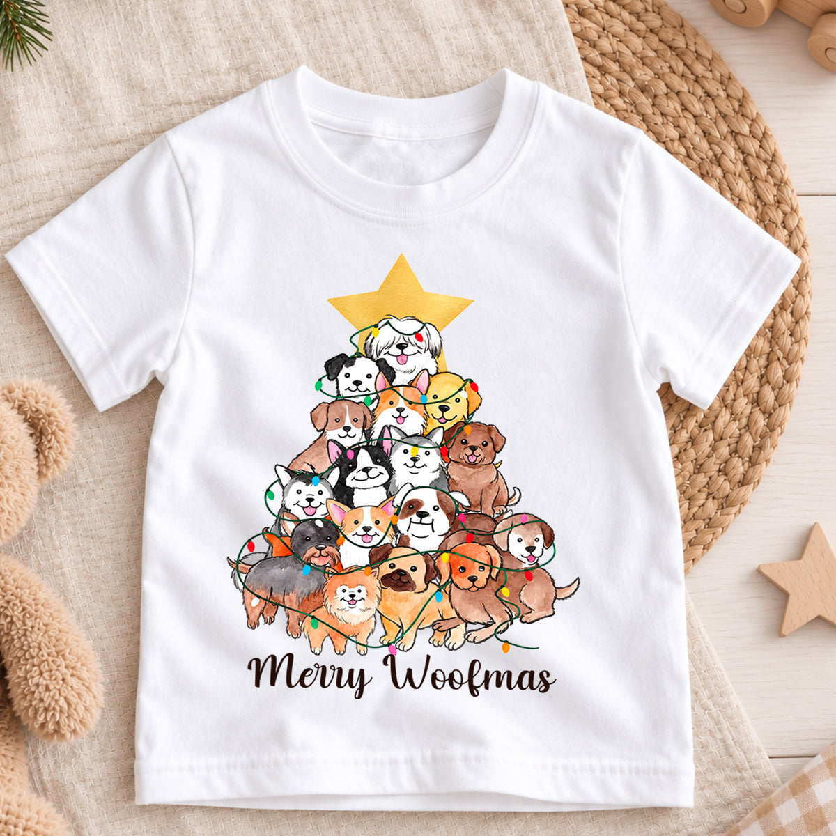 Merry Woofmas Kids Christmas Shirt, Dog Christmas Tree Tee, Cute Puppy Holiday Shirt for Dog Lovers, Festive Christmas Outfit and Gift for Kids — product view 3