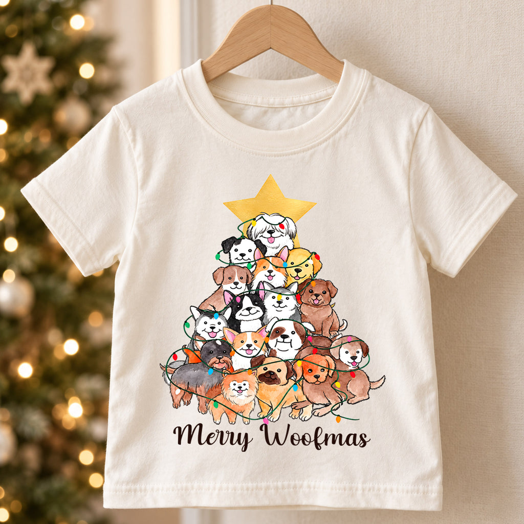 Merry Woofmas Kids Christmas Shirt, Dog Christmas Tree Tee, Cute Puppy Holiday Shirt for Dog Lovers, Festive Christmas Outfit and Gift for Kids — product view 5