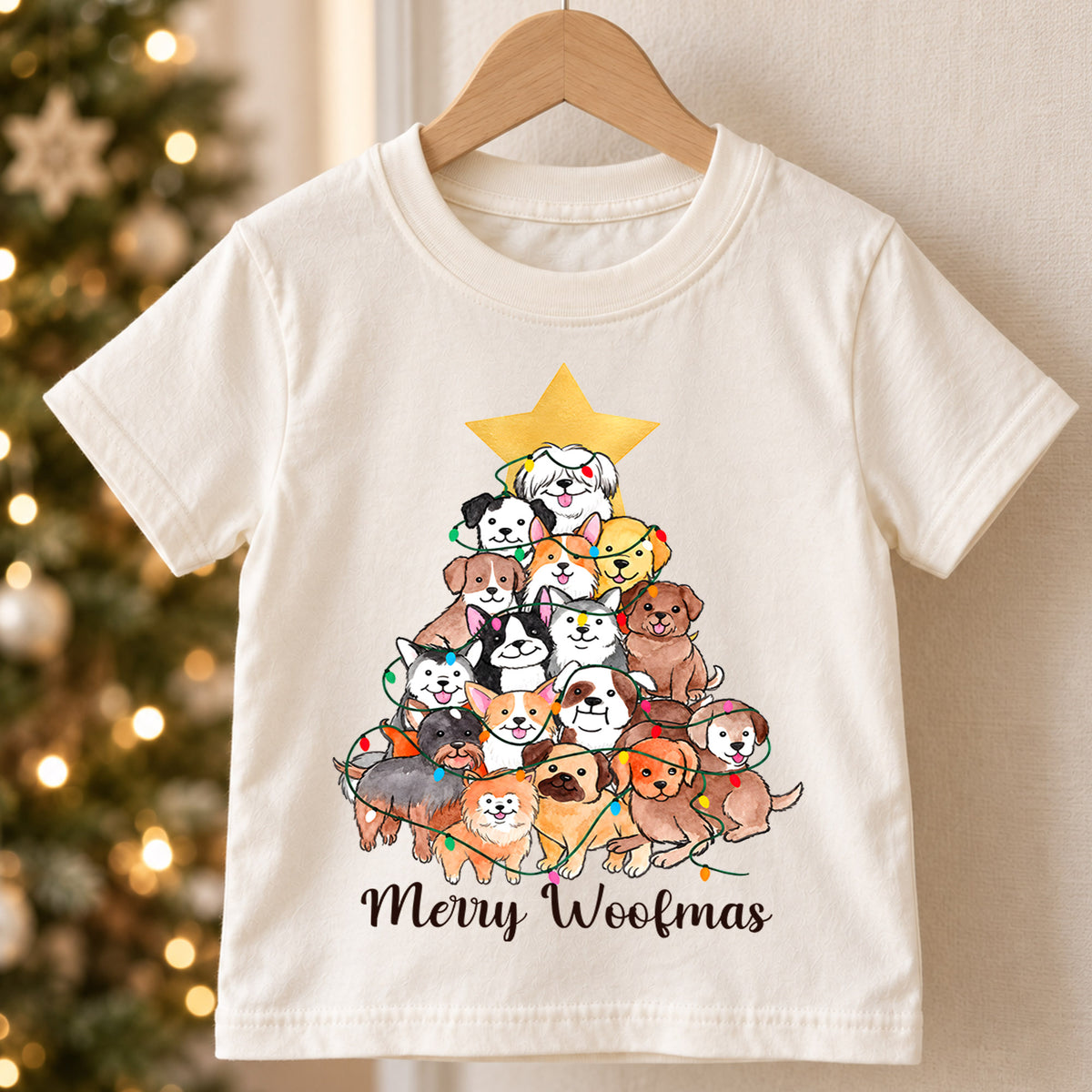 Merry Woofmas Kids Christmas Shirt, Dog Christmas Tree Tee, Cute Puppy Holiday Shirt for Dog Lovers, Festive Christmas Outfit and Gift for Kids — product view 5