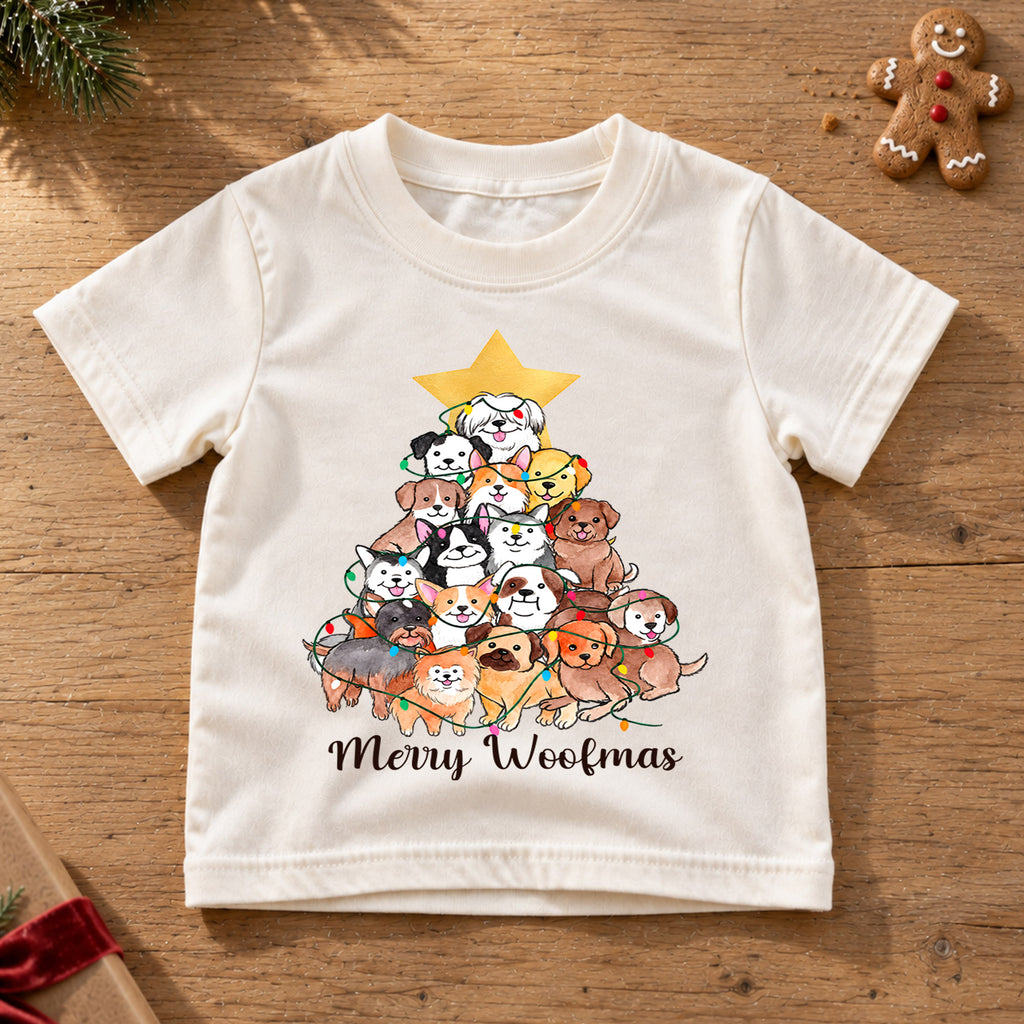 Merry Woofmas Kids Christmas Shirt, Dog Christmas Tree Tee, Cute Puppy Holiday Shirt for Dog Lovers, Festive Christmas Outfit and Gift for Kids — product view 6