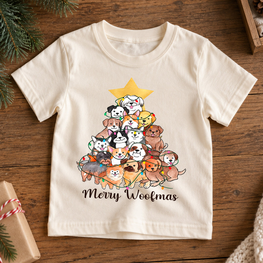 Merry Woofmas Kids Christmas Shirt, Dog Christmas Tree Tee, Cute Puppy Holiday Shirt for Dog Lovers, Festive Christmas Outfit and Gift for Kids — product view 7