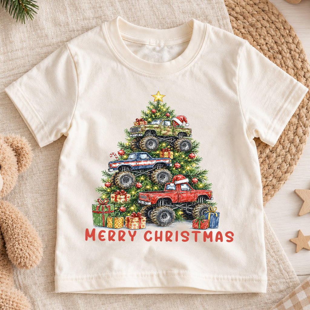 Monster Truck Christmas Kids Shirt, Merry Christmas Truck Tee, Christmas Tree Monster Truck T Shirt, Holiday Gift for Boys — product view 1
