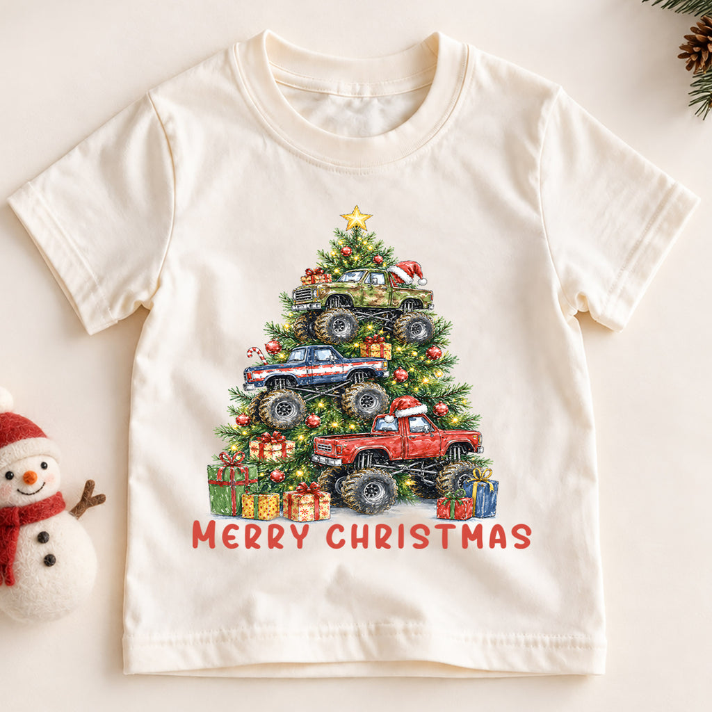 Monster Truck Christmas Kids Shirt, Merry Christmas Truck Tee, Christmas Tree Monster Truck T Shirt, Holiday Gift for Boys — product view 2
