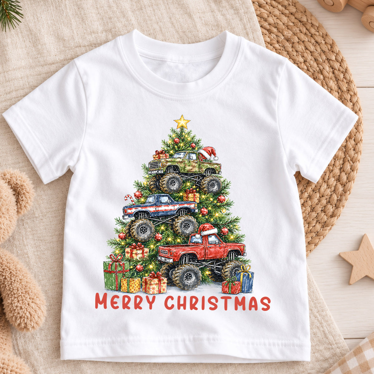 Monster Truck Christmas Kids Shirt, Merry Christmas Truck Tee, Christmas Tree Monster Truck T Shirt, Holiday Gift for Boys — product view 3