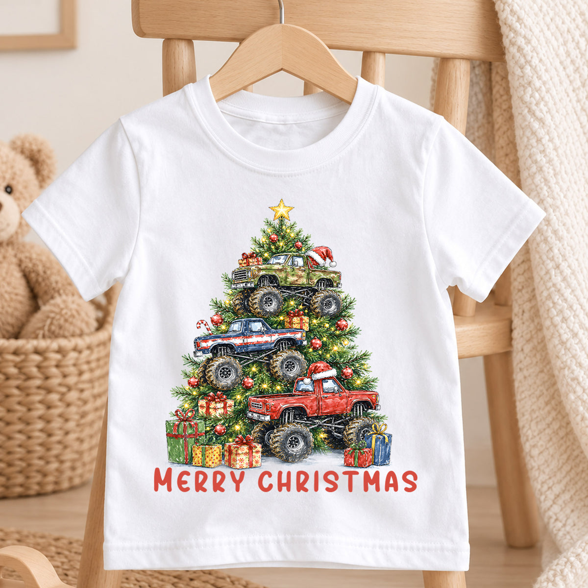 Monster Truck Christmas Kids Shirt, Merry Christmas Truck Tee, Christmas Tree Monster Truck T Shirt, Holiday Gift for Boys — product view 4