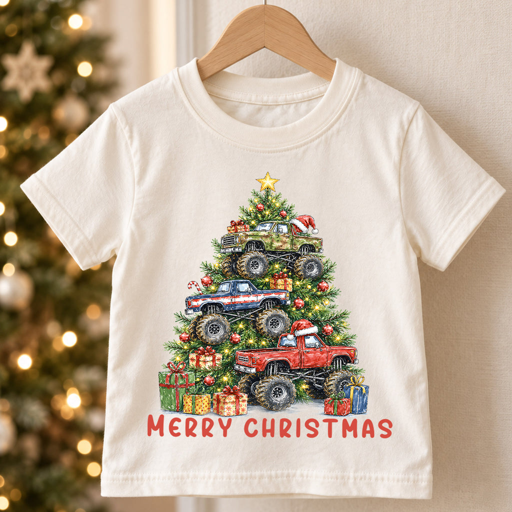 Monster Truck Christmas Kids Shirt, Merry Christmas Truck Tee, Christmas Tree Monster Truck T Shirt, Holiday Gift for Boys — product view 5