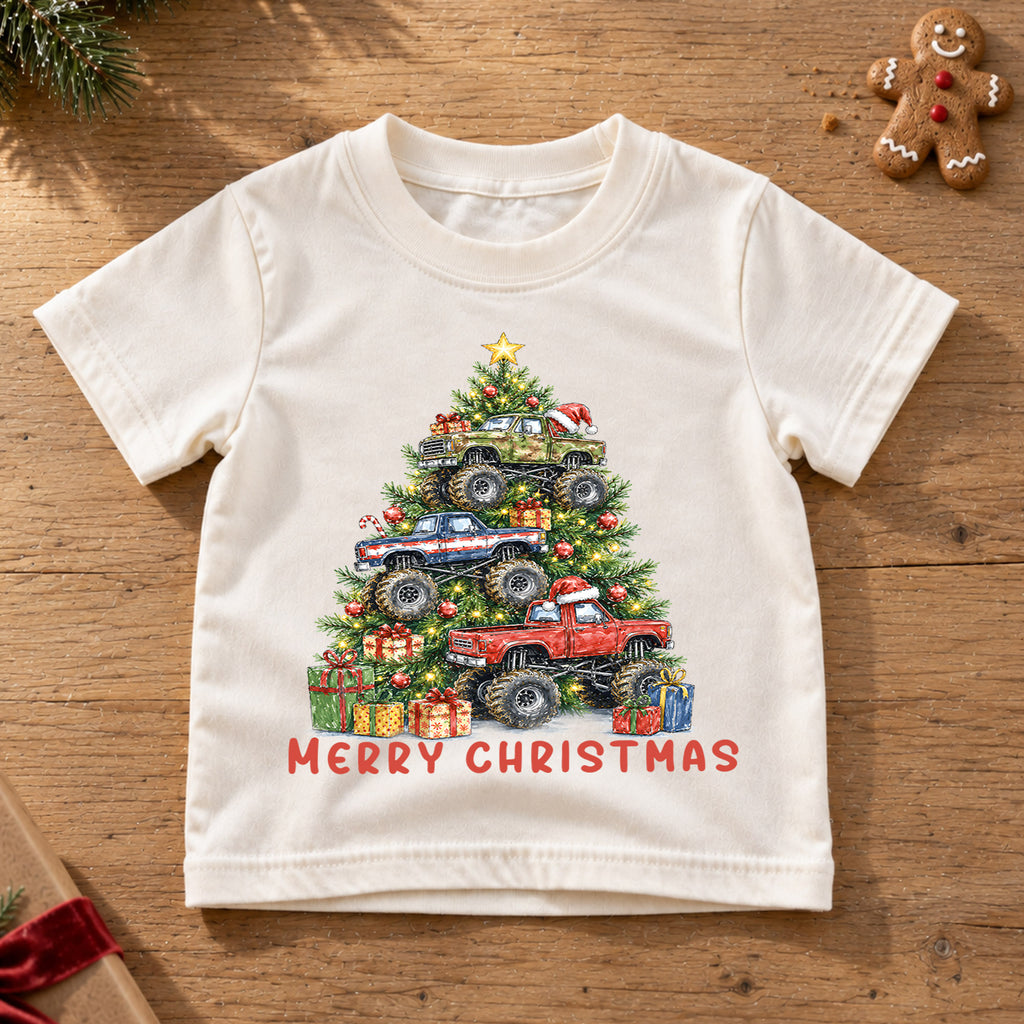 Monster Truck Christmas Kids Shirt, Merry Christmas Truck Tee, Christmas Tree Monster Truck T Shirt, Holiday Gift for Boys — product view 6