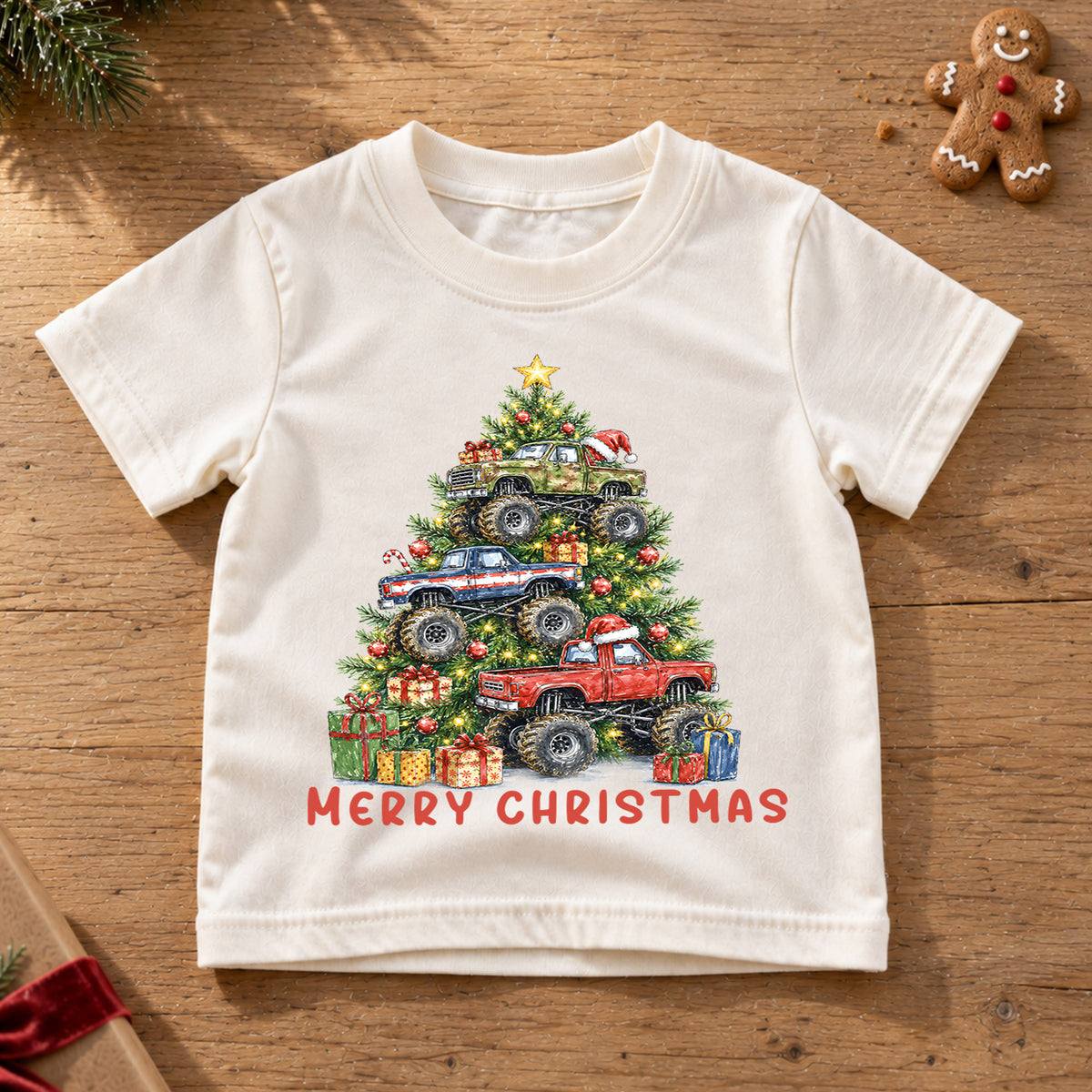 Monster Truck Christmas Kids Shirt, Merry Christmas Truck Tee, Christmas Tree Monster Truck T Shirt, Holiday Gift for Boys — product view 6