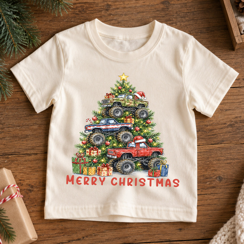 Monster Truck Christmas Kids Shirt, Merry Christmas Truck Tee, Christmas Tree Monster Truck T Shirt, Holiday Gift for Boys — product view 7