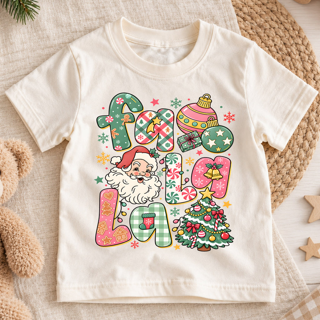 Fa La La Kids Christmas Shirt, Santa Christmas Tree Holiday Tee, Colorful Retro Christmas Shirt for Kids, Cute Festive Holiday Outfit and Gift — product view 1