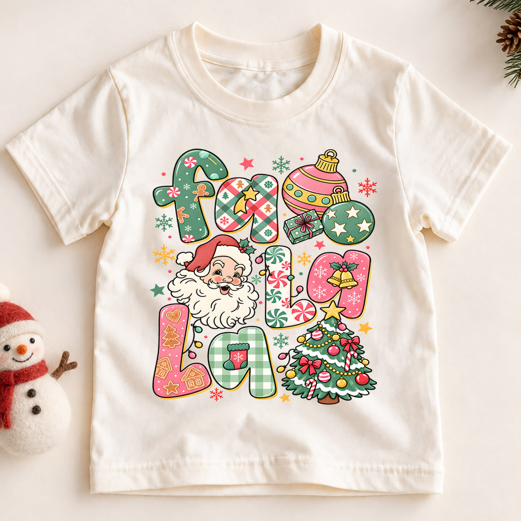 Fa La La Kids Christmas Shirt, Santa Christmas Tree Holiday Tee, Colorful Retro Christmas Shirt for Kids, Cute Festive Holiday Outfit and Gift — product view 2