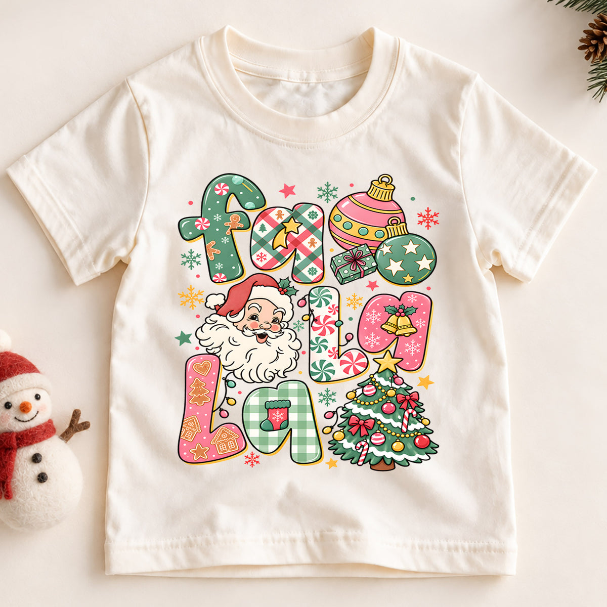 Fa La La Kids Christmas Shirt, Santa Christmas Tree Holiday Tee, Colorful Retro Christmas Shirt for Kids, Cute Festive Holiday Outfit and Gift — product view 2