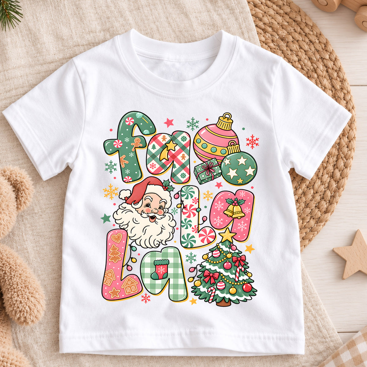 Fa La La Kids Christmas Shirt, Santa Christmas Tree Holiday Tee, Colorful Retro Christmas Shirt for Kids, Cute Festive Holiday Outfit and Gift — product view 3