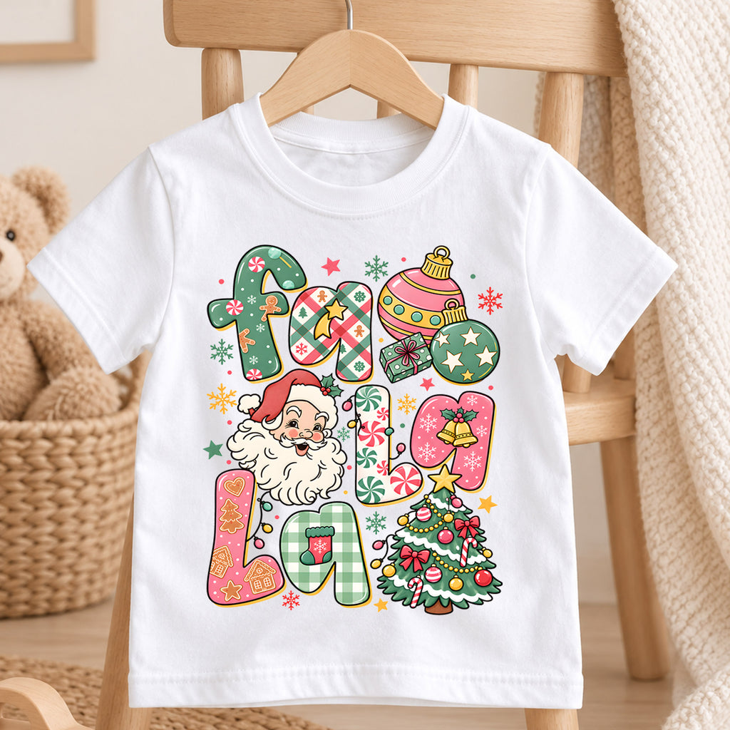 Fa La La Kids Christmas Shirt, Santa Christmas Tree Holiday Tee, Colorful Retro Christmas Shirt for Kids, Cute Festive Holiday Outfit and Gift — product view 4