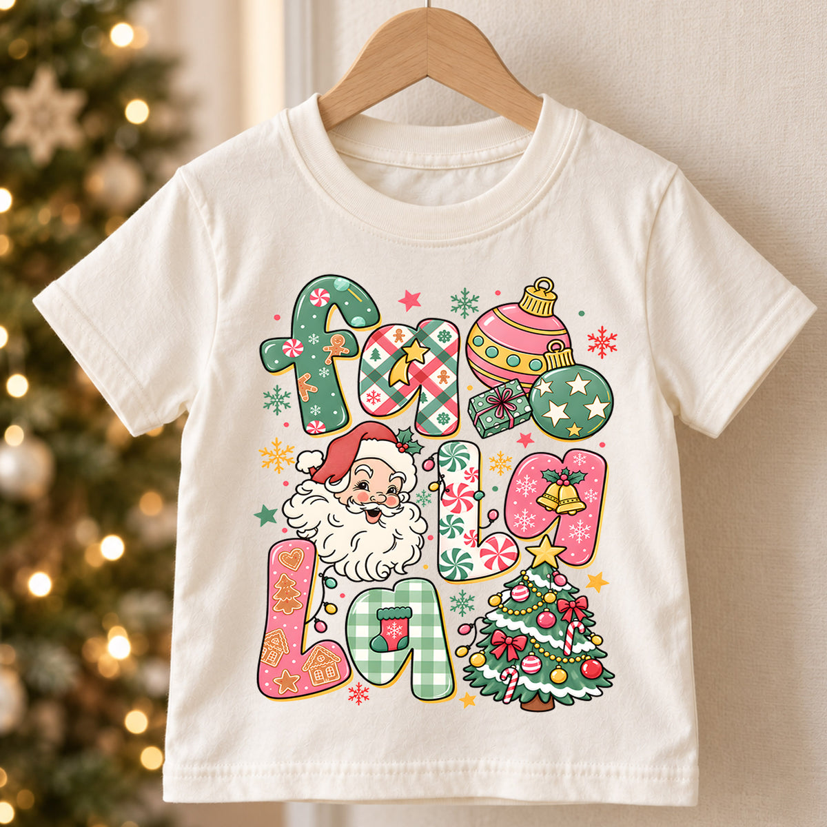 Fa La La Kids Christmas Shirt, Santa Christmas Tree Holiday Tee, Colorful Retro Christmas Shirt for Kids, Cute Festive Holiday Outfit and Gift — product view 5
