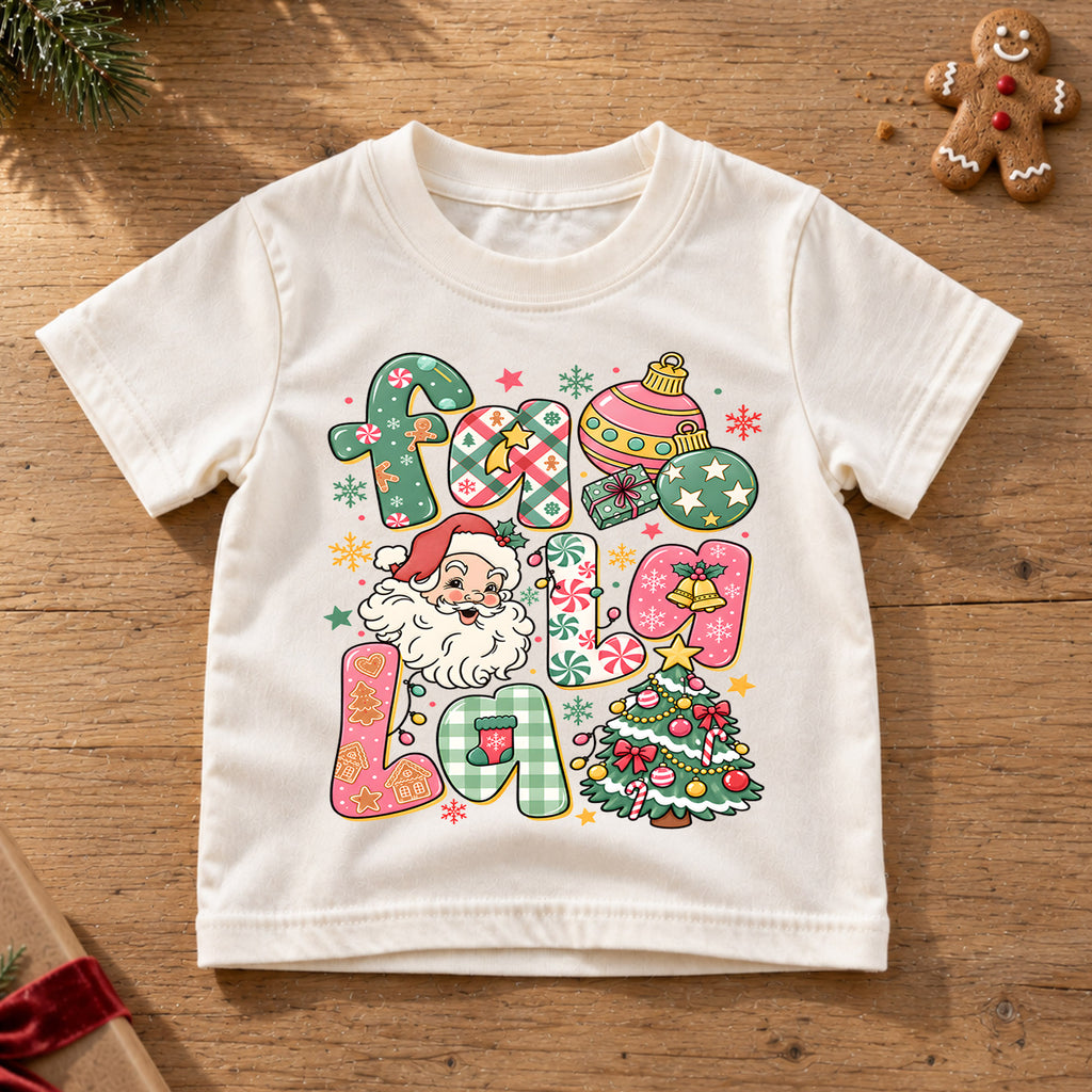Fa La La Kids Christmas Shirt, Santa Christmas Tree Holiday Tee, Colorful Retro Christmas Shirt for Kids, Cute Festive Holiday Outfit and Gift — product view 6
