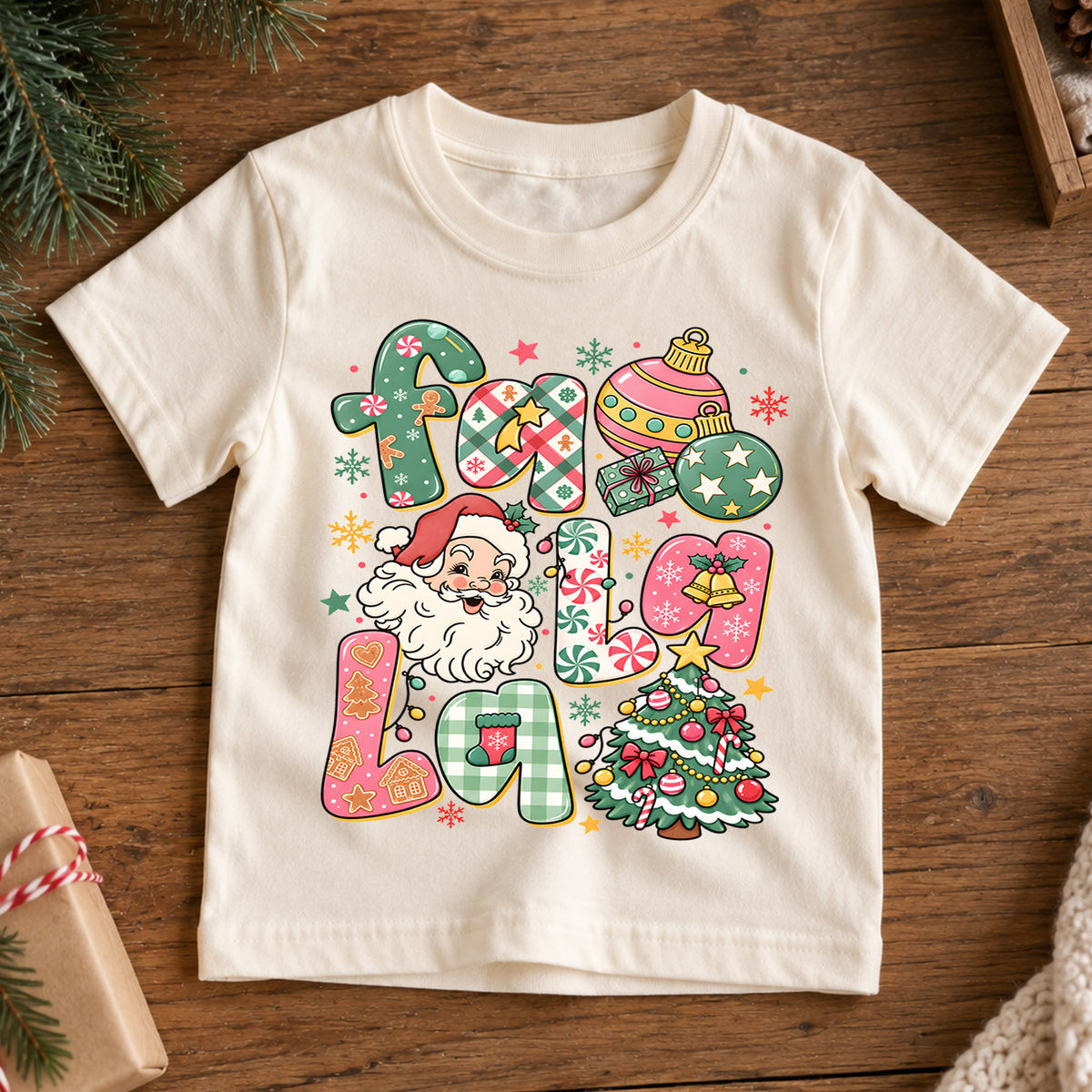 Fa La La Kids Christmas Shirt, Santa Christmas Tree Holiday Tee, Colorful Retro Christmas Shirt for Kids, Cute Festive Holiday Outfit and Gift — product view 7