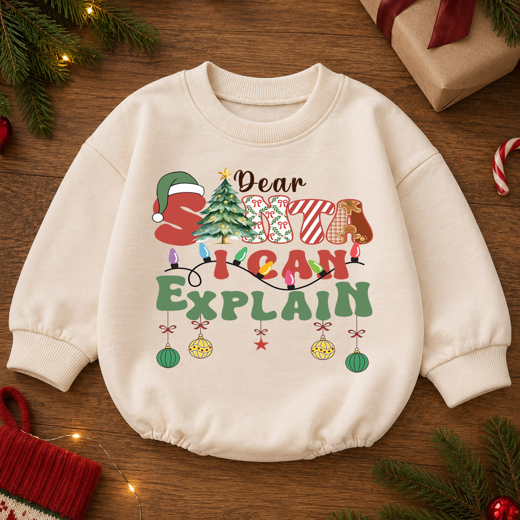 Funny Christmas Baby Romper, Dear Santa I Can Explain Holiday Outfit, Retro Santa Quote Romper, Toddler 1st Christmas Gift — product view 2