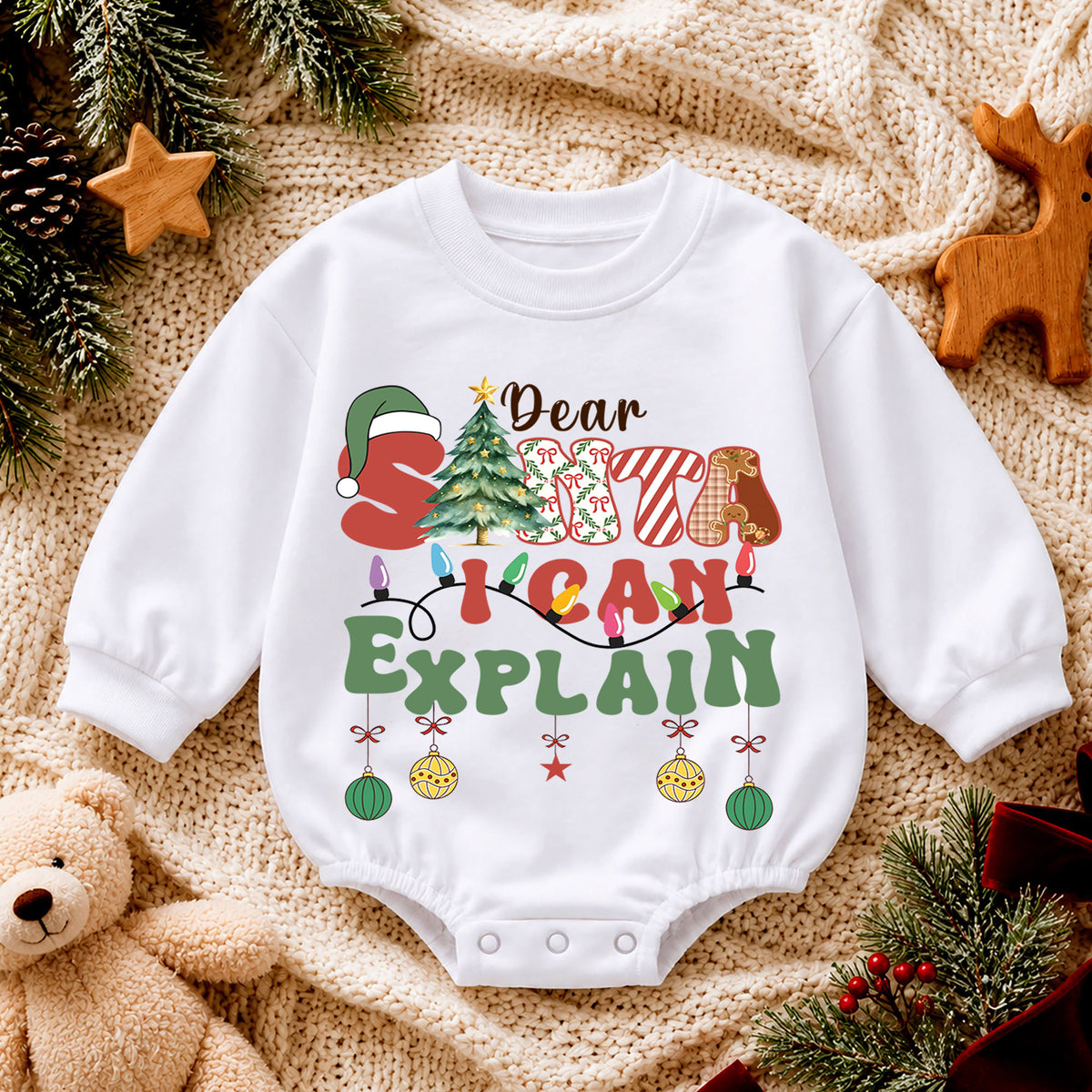 Funny Christmas Baby Romper, Dear Santa I Can Explain Holiday Outfit, Retro Santa Quote Romper, Toddler 1st Christmas Gift — product view 4