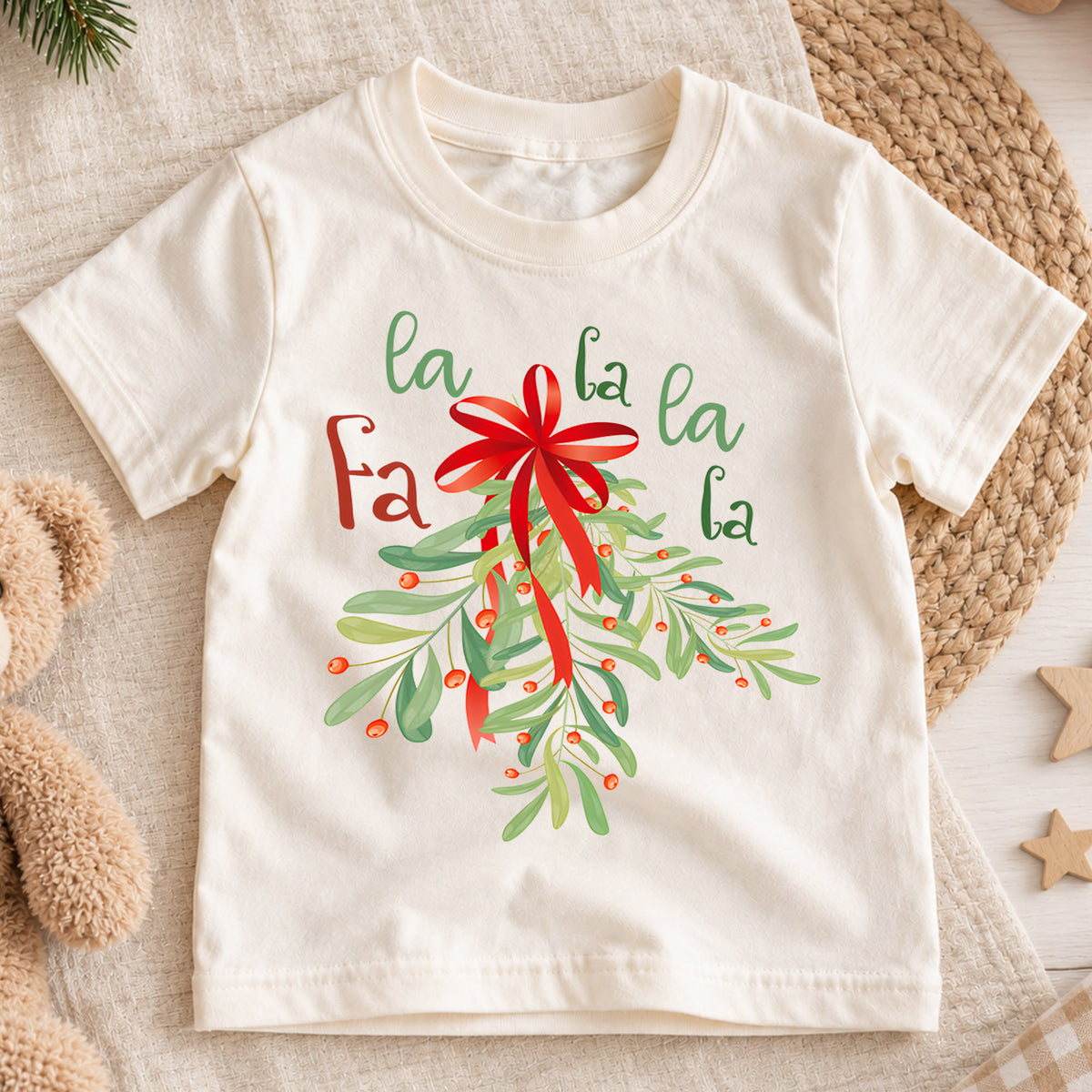 Fa La La Mistletoe Kids Christmas Shirt, Red Bow Holiday Tee, Botanical Christmas Outfit for Boys Girls, Cute Festive Kids Gift for Kids — product view 1