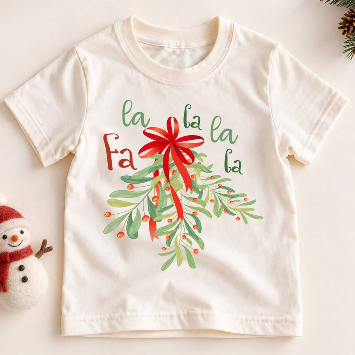 Fa La La Mistletoe Kids Christmas Shirt, Red Bow Holiday Tee, Botanical Christmas Outfit for Boys Girls, Cute Festive Kids Gift for Kids — product view 2