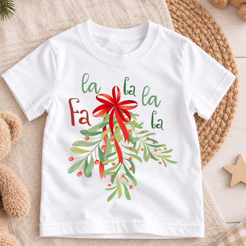 Fa La La Mistletoe Kids Christmas Shirt, Red Bow Holiday Tee, Botanical Christmas Outfit for Boys Girls, Cute Festive Kids Gift for Kids — product view 3